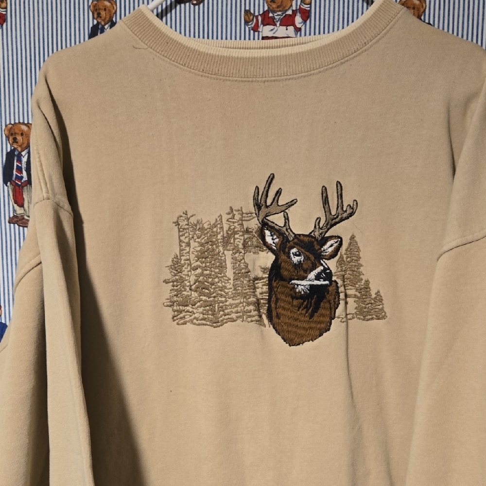 Vintage Embroidered Nature Deer Forest Crewneck Sweatshirt Beige XL